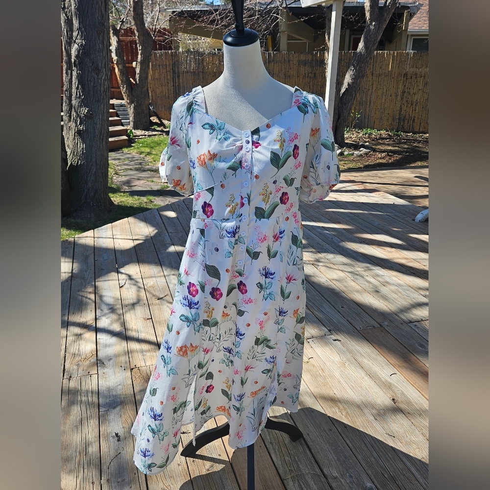 Floral Split Hem Button Detail Pocket Ruched Puff Sleeve Dress